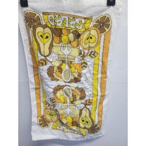 Vintage 70s Retro Fruit Salad Kitchen Towel White Cotton Yellow Orange Brown MCM